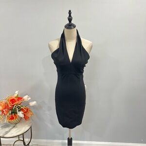 Dress The Population Black Halter Neck Plunge V Neck Mini Dress - Reemoly